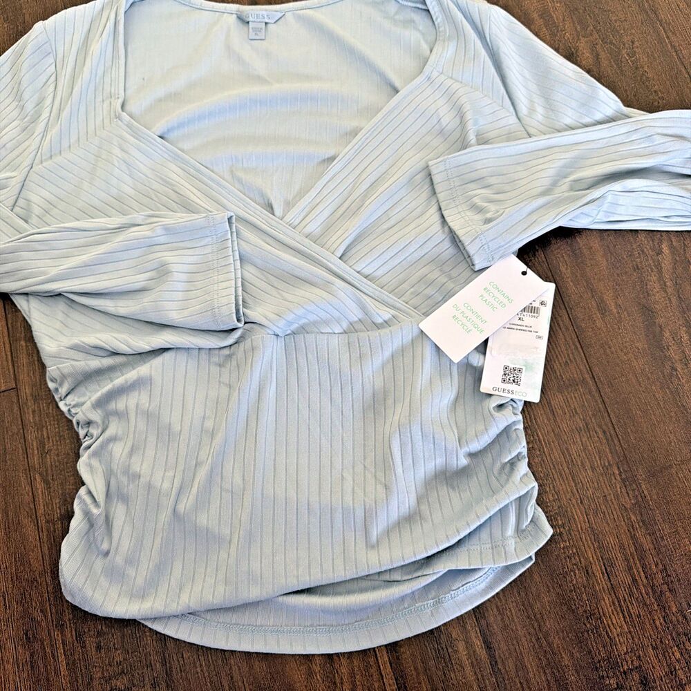 GUESS Women's Long Sleeves sweetheart-neck surplice Ribbed Top Baby Blue XL - Picture 6 of 9